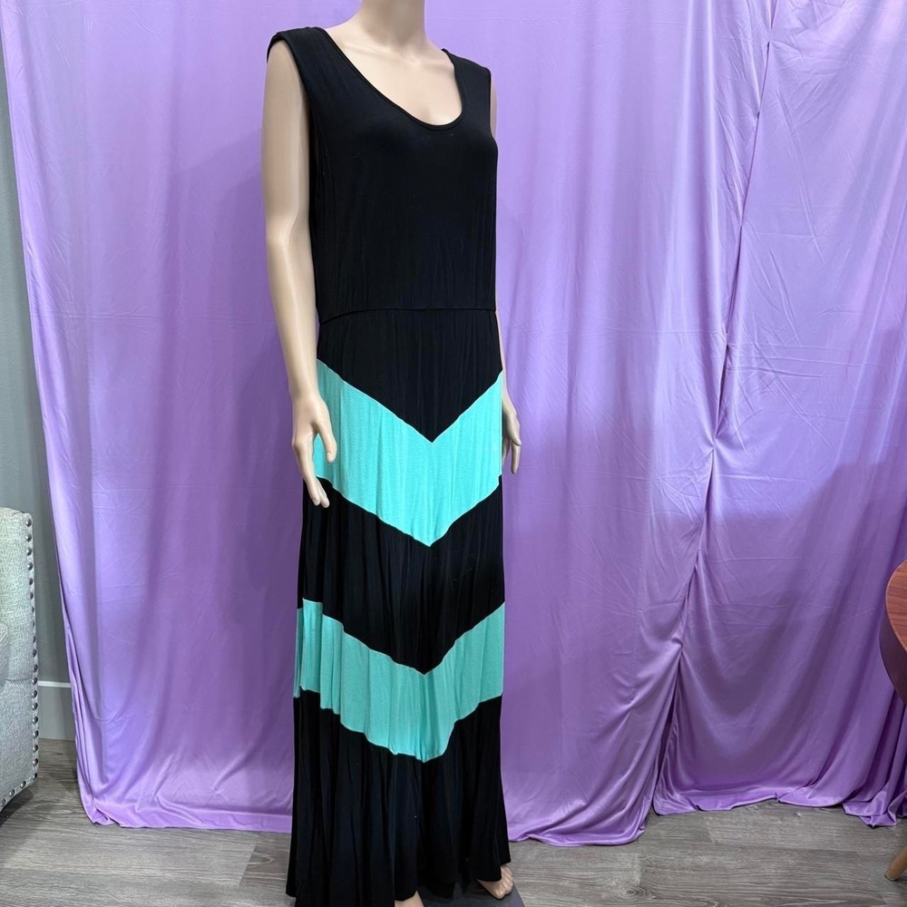 Awesome 21 Black Teal Blue Chevron Maxi Dress Sleeveless Scoop Neck L